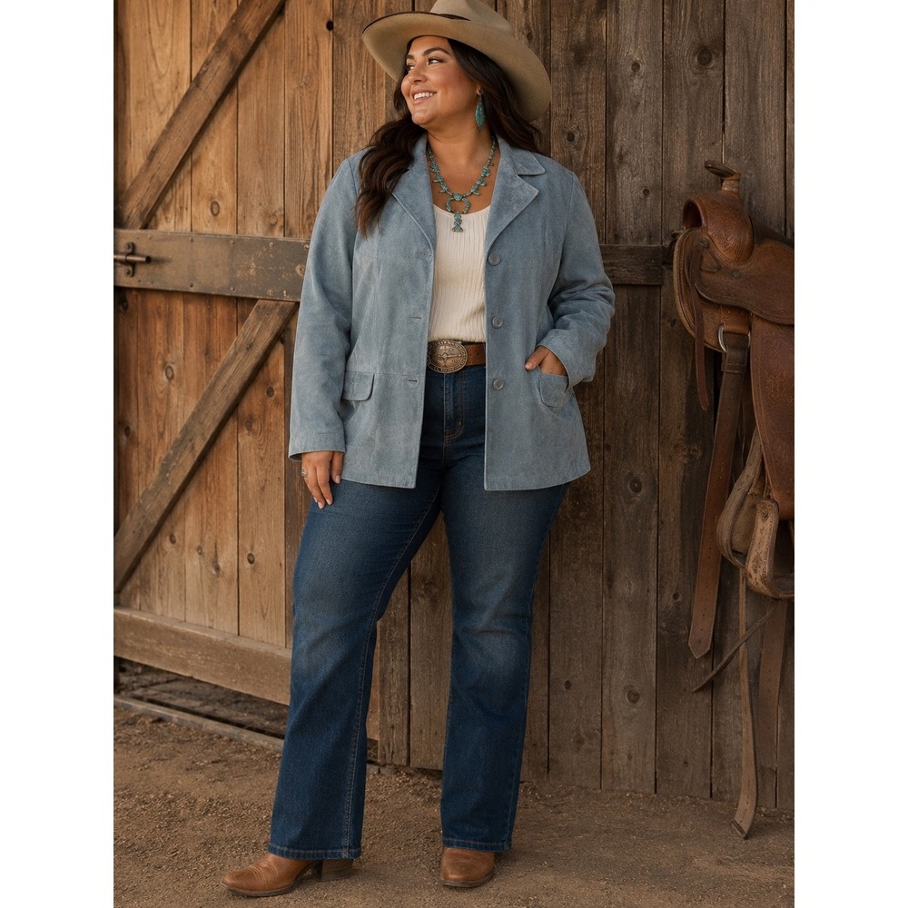 Jessica Holbrook Leather Blazer Women 2X Blue Suede Western Jacket